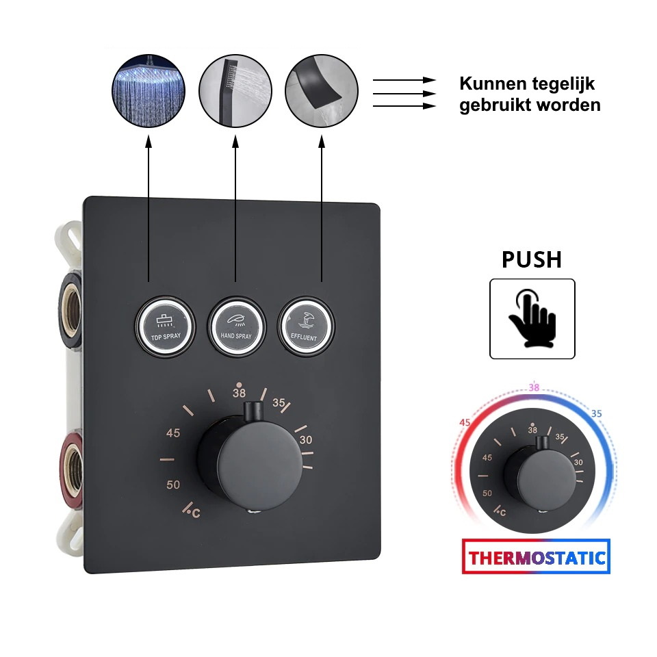 Shop nu deze Luxe thermostatische regendouche wand kraan bad douche set zwart D 3weg 40cm muur op Valisa.nl