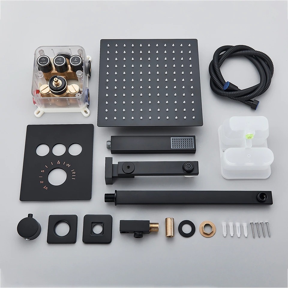 Shop nu deze Luxe thermostatische regendouche wand kraan bad douche set zwart D 3weg 40cm muur op Valisa.nl