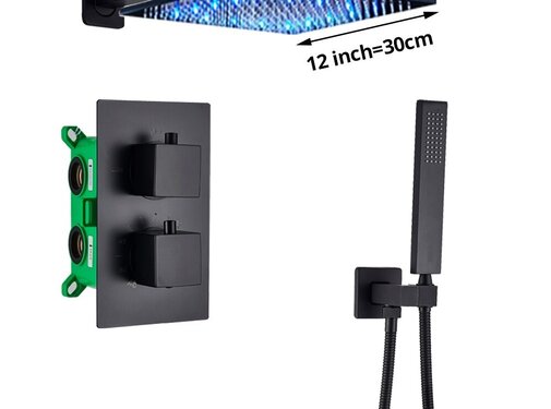 VALISA Thermostaat douchekraan regendouche mat zwart inbouw LED Muur 30cm 2weg