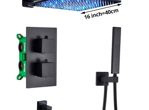 VALISA Thermostaat douchekraan regendouche mat zwart inbouw LED Muur 40cm 3 weg