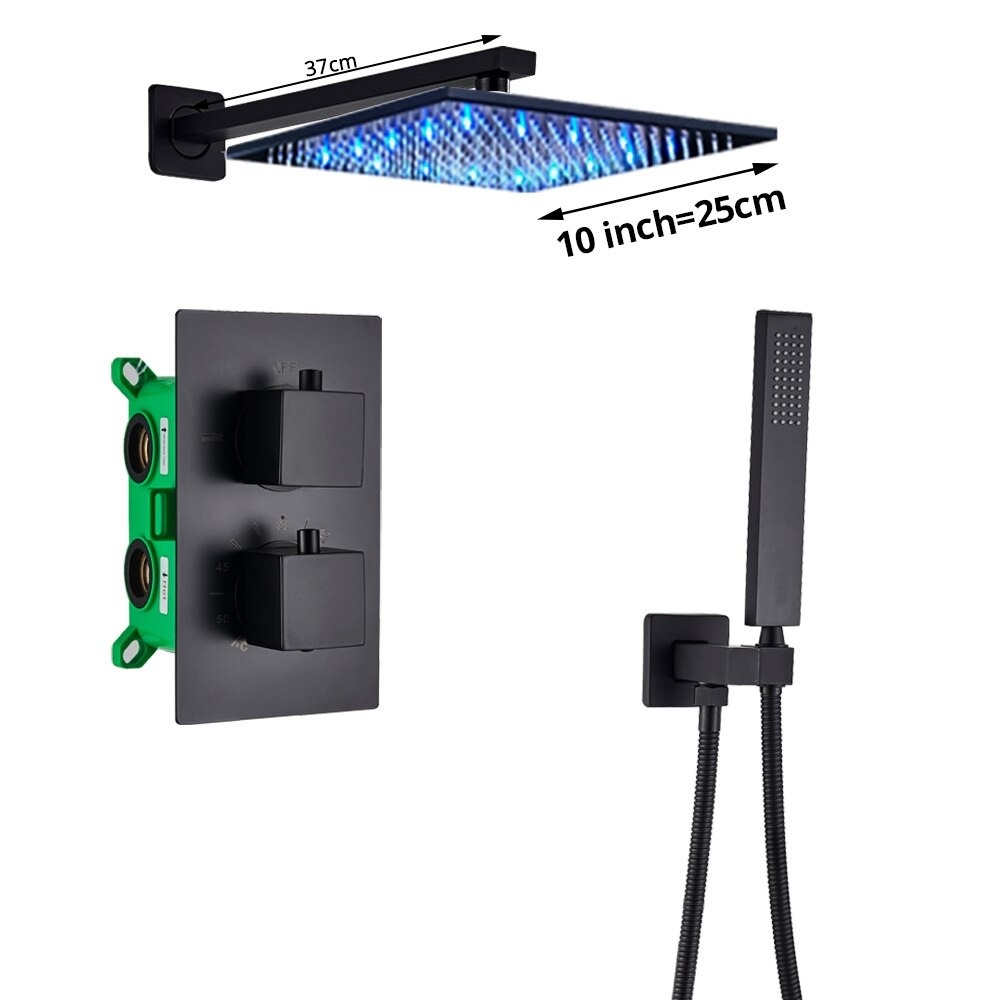 Shop nu deze Thermostaat douchekraan regendouche mat zwart inbouw LED Muur 25cm 2weg op Valisa.nl