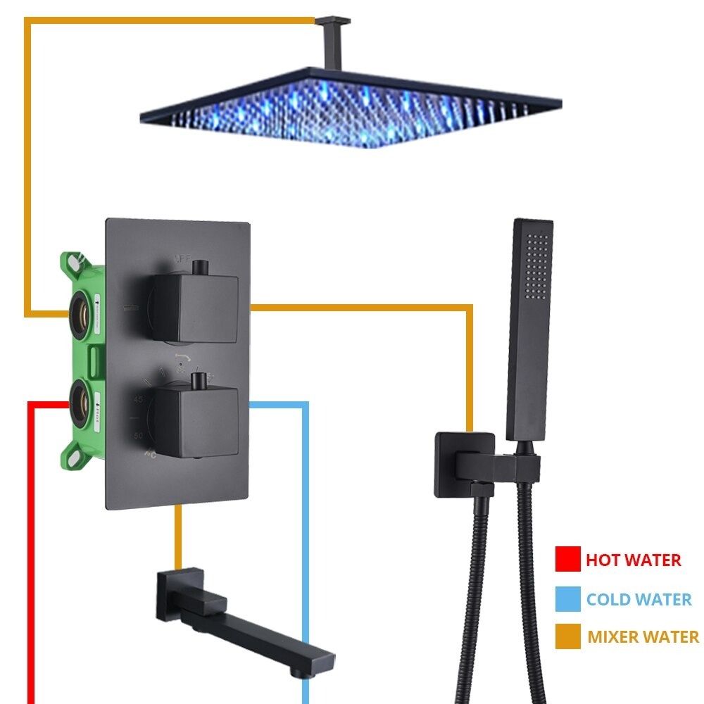 Shop nu deze Thermostaat douchekraan regendouche mat zwart inbouw LED Muur 25cm 2weg op Valisa.nl