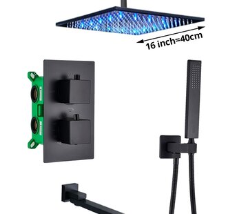 VALISA Thermostaat douchekraan regendouche mat zwart inbouw LED Plafond 40cm 3 weg