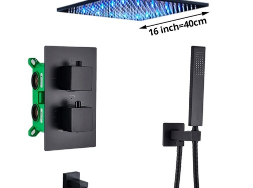 VALISA Thermostaat douchekraan regendouche mat zwart inbouw LED Plafond 40cm 3 weg