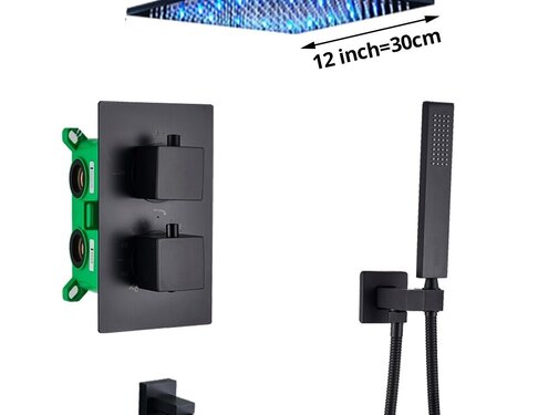 VALISA Thermostaat douchekraan regendouche mat zwart inbouw LED Plafond 30cm 3 weg