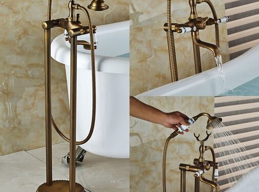 VALISA Vrijstaande vloer bad mengkraan klassiek met handdouche en bad uitloop Antiek messing F