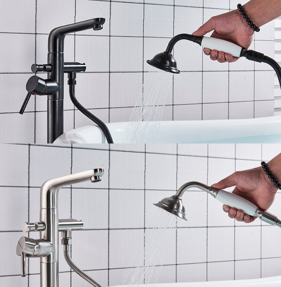 Shop nu deze Moderne vrijstaande badkraan met hand douche geborsteld nikkel op Valisa.nl