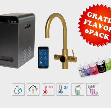 Unito Unito Infinity 6-in-1 kokend water kraan Orbit Cosmos Rond Goud met Juice-bar en LCD + GRATIS FLAVOR 6PACK