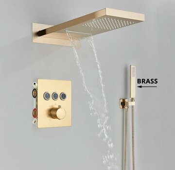 VALISA Luxe inbouw waterval regendouche met thermostaat en handdouche goud geborsteld