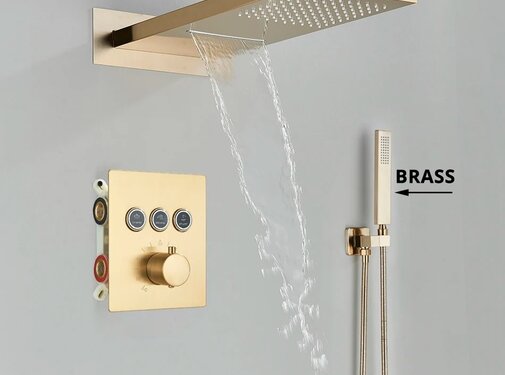 VALISA Luxe inbouw waterval regendouche met thermostaat en handdouche goud geborsteld