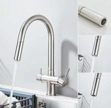 VALISA 3 in 1 water filter meng keukenkraan met pull down geborsteld nikkel