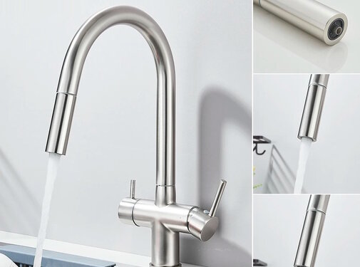 VALISA 3 in 1 water filter meng keukenkraan met pull down geborsteld nikkel