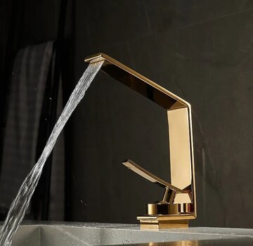 VALISA Design wastafel waterval kraan met smalle hoge uitloop gepolijst goud