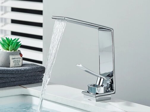 VALISA Design wastafel waterval kraan met smalle hoge uitloop gepolijst chroom