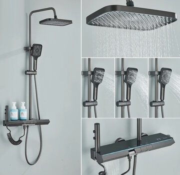 VALISA 4-weg regendoucheset met digitaal temperatuurdisplay, watervalbaduitloop en bidet gun metal