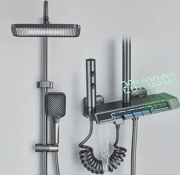 VALISA Gun metal 4-weg regendoucheset met drukknoppen, watervalbaduitloop, bidet en digitaal display