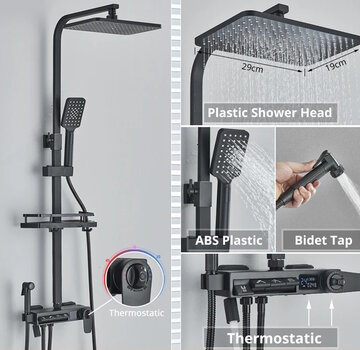 VALISA Zwart 4-weg thermostaat regendouche set met drukknoppen, waterval baduitloop, bidet en digitaal display | Type B