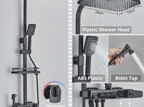 VALISA Zwart 4-weg thermostaat regendouche set met drukknoppen, waterval baduitloop, bidet en digitaal display | Type B