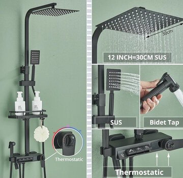 VALISA Zwart 4-weg thermostaat regendouche set met drukknoppen, waterval baduitloop, bidet en digitaal display | Type C