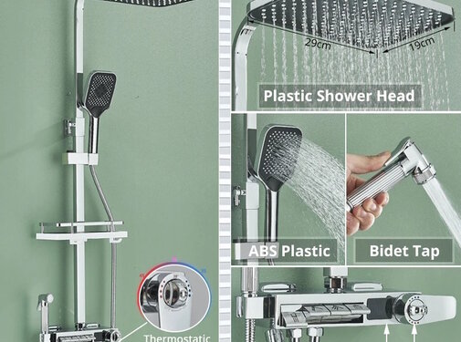 VALISA Chroom 4-weg thermostaat regendouche set met drukknoppen, waterval baduitloop, bidet en digitaal display | Type B