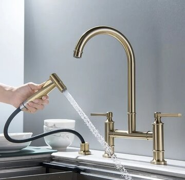 VALISA Keuken brugkraan met draaibare uitloop en hand spoel bidet geborsteld goud