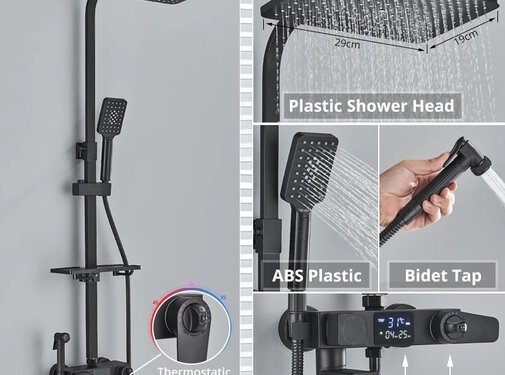 VALISA zwart 4-weg thermostaat regendouche set met hand douche en bidet en digitaal display | Type A