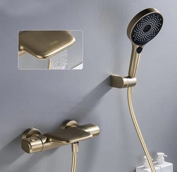 VALISA Thermostaat wand badkraan Set met waterval en luxe handdouche geborsteld goud
