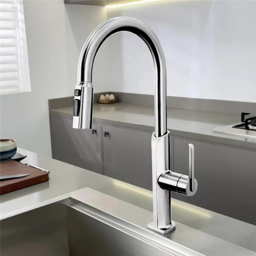 Shop nu deze Modern design keukenkraan met uittrekbare spoelkop en twee standen chroom op Valisa.nl