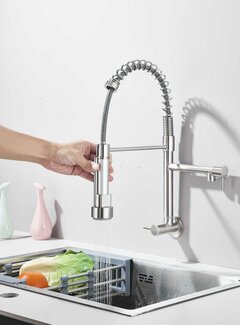VALISA Geborsteld nikkel wand horeca spoel wandkraan met dubbele draaibare uitlopen.