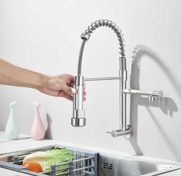 VALISA Geborsteld nikkel wand horeca spoel wandkraan met dubbele draaibare uitlopen.