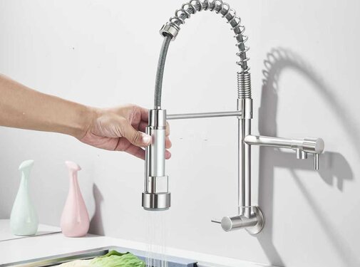 VALISA Geborsteld nikkel wand horeca spoel wandkraan met dubbele draaibare uitlopen.