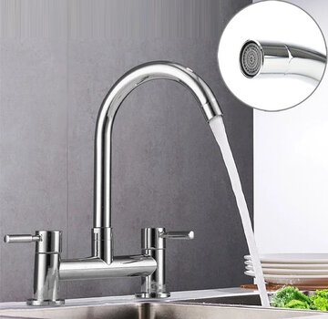 VALISA Moderne dubbele hendel keukenkraan met draaibare uitloop chroom brugkraan HOH 15cm