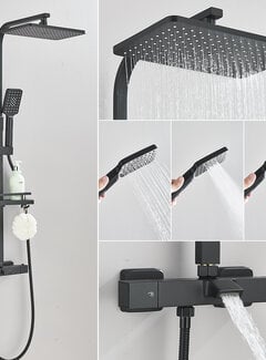 VALISA Luxe mat zwarte thermostaat regendouche met schapje