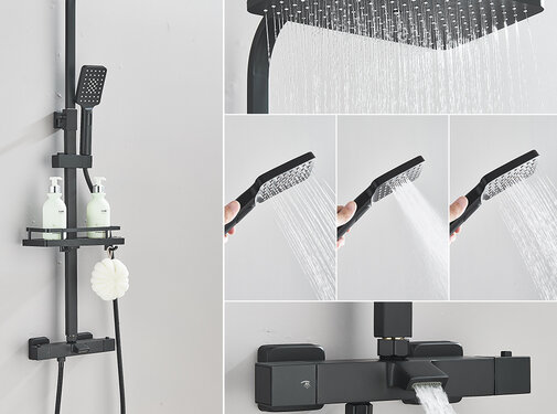 VALISA Luxe mat zwarte thermostaat regendouche met schapje