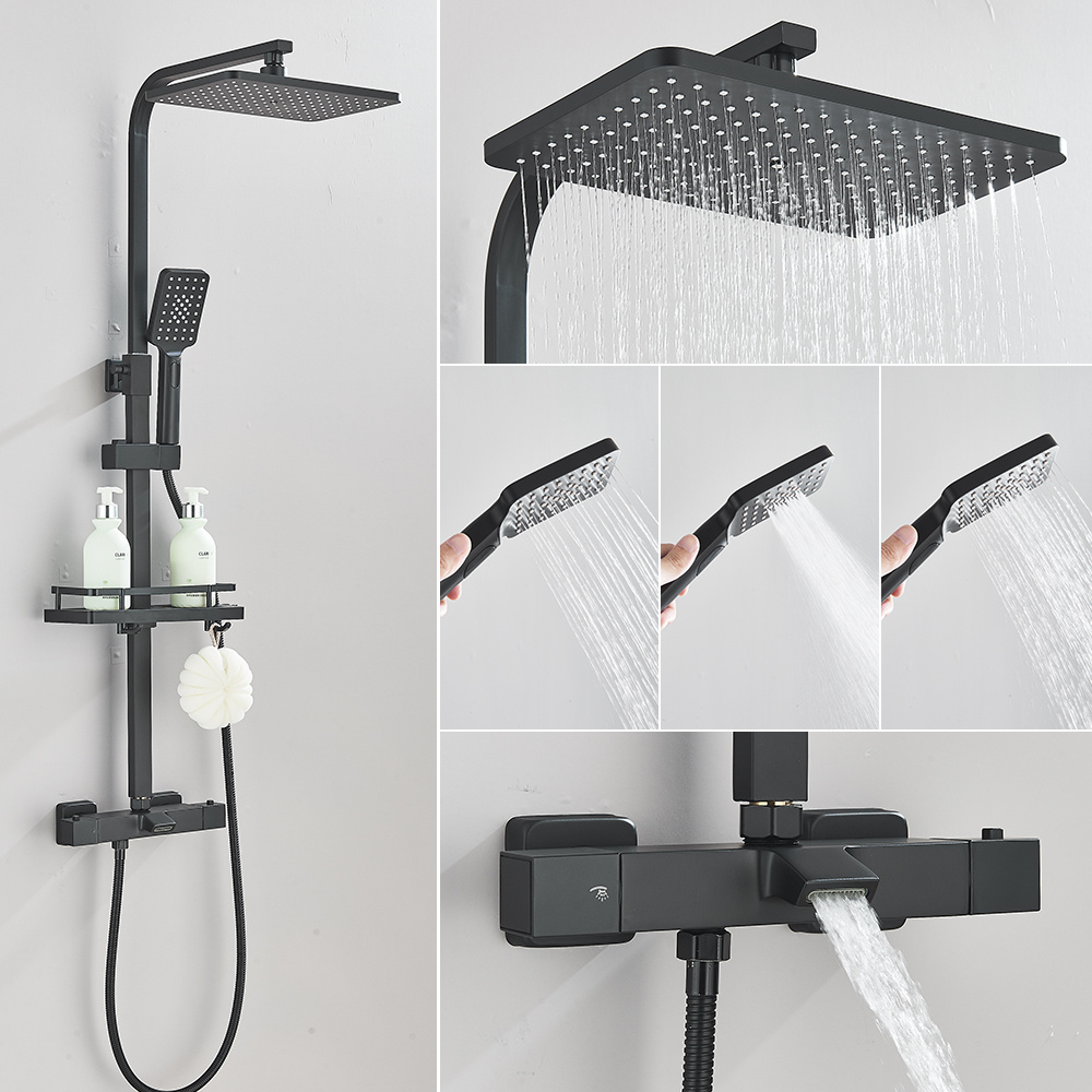 Shop nu deze Luxe mat zwarte thermostaat regendouche met schapje op Valisa.nl