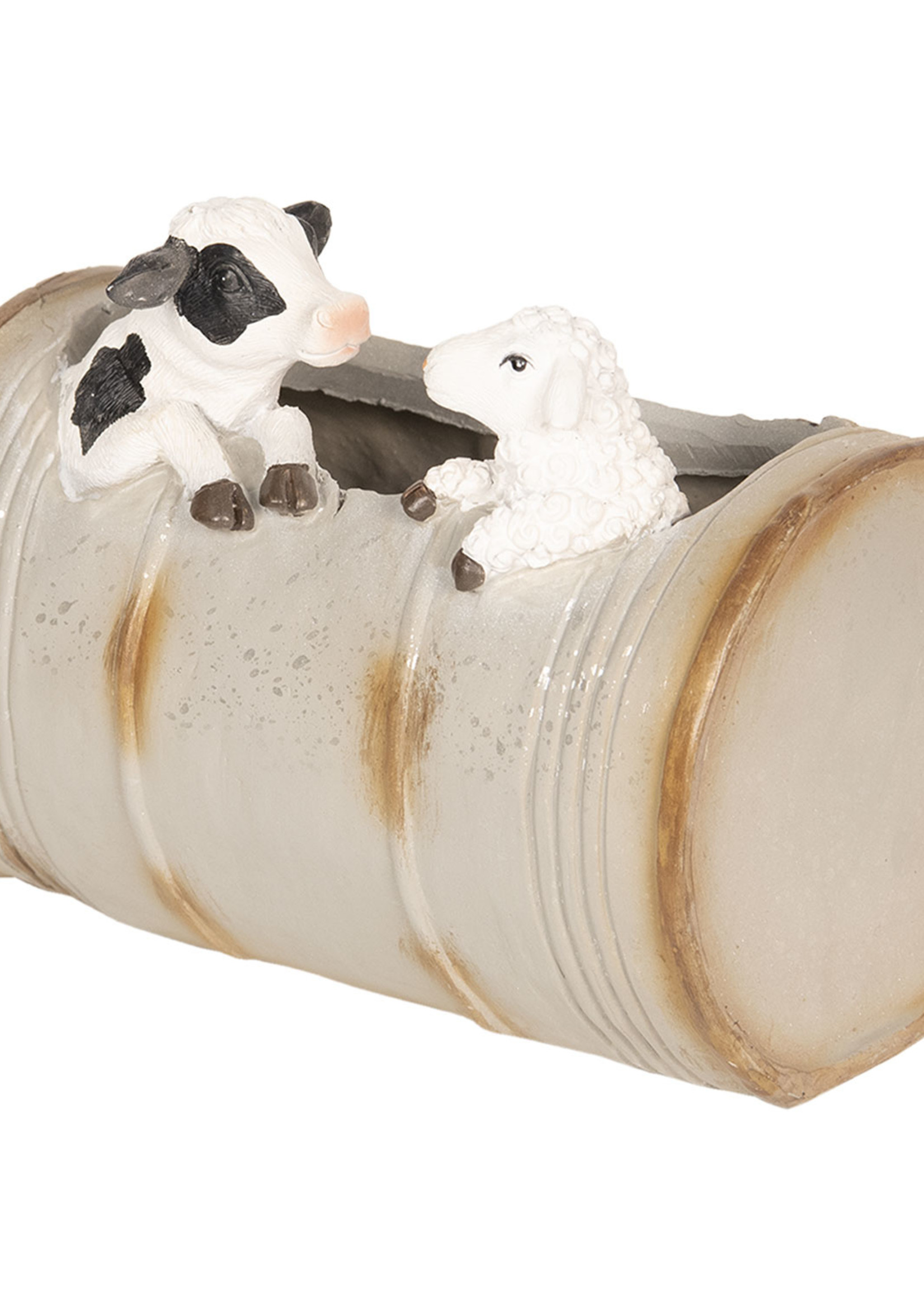 Clayre & Eef Décoration vache et mouton dans un tonneau 20*13*16 cm 6PR2616