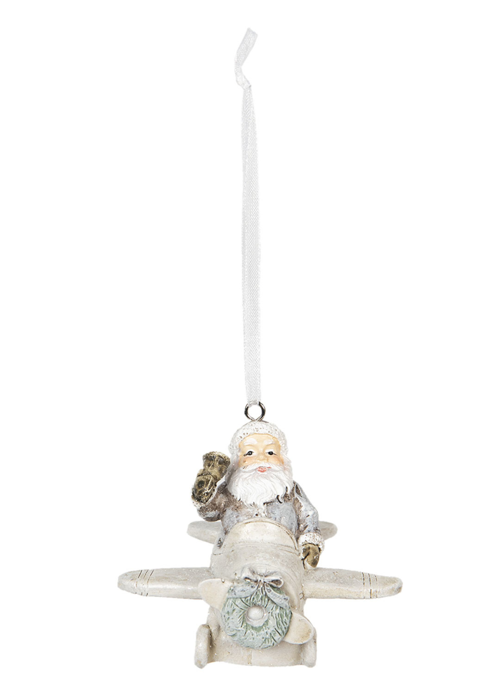 Clayre & Eef Decoratie hanger kerstman in vliegtuig 7*7*6 cm 6PR2759