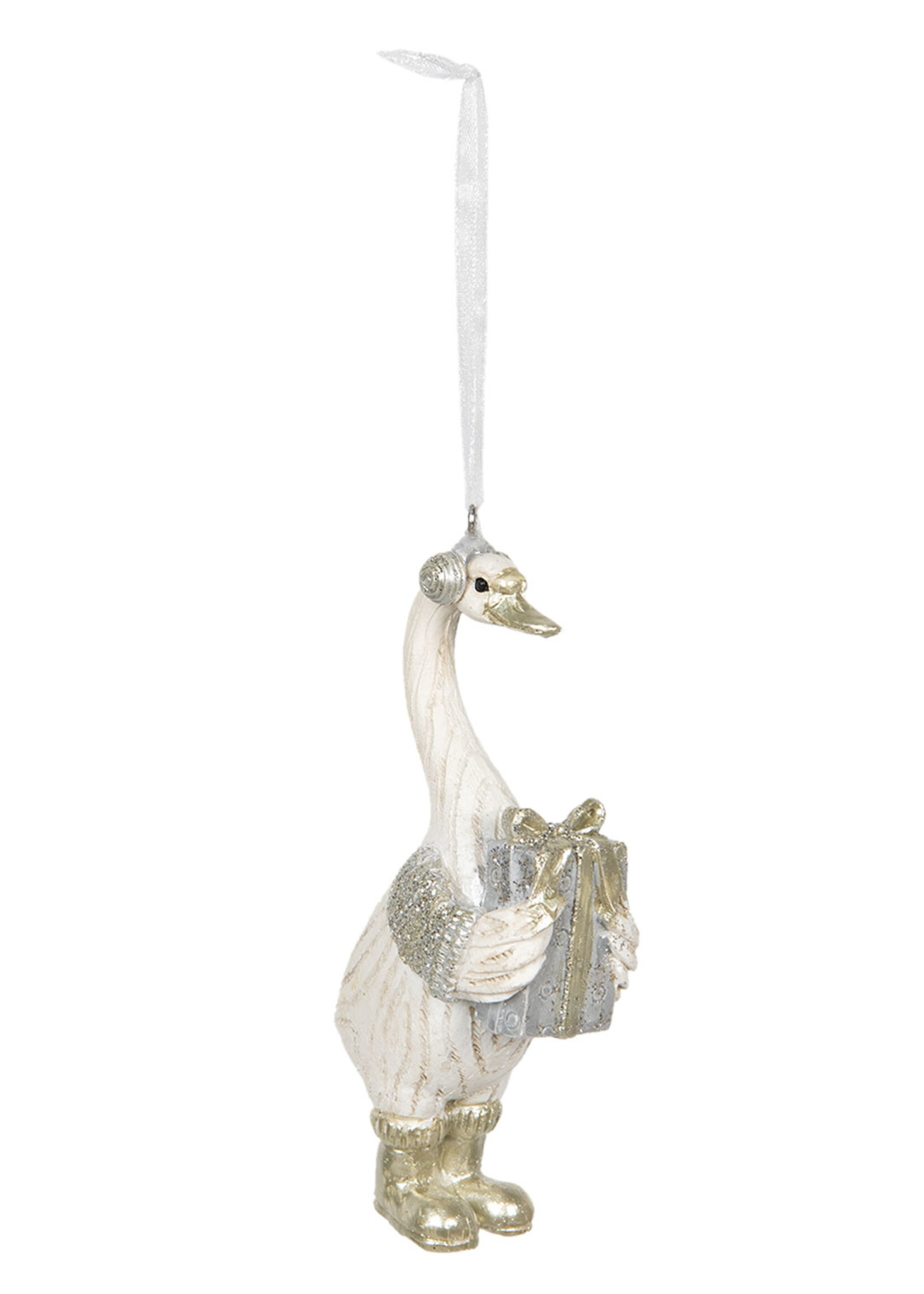 Clayre & Eef Decoratie hanger gans met cadeau 5*3*11 cm 6PR2758