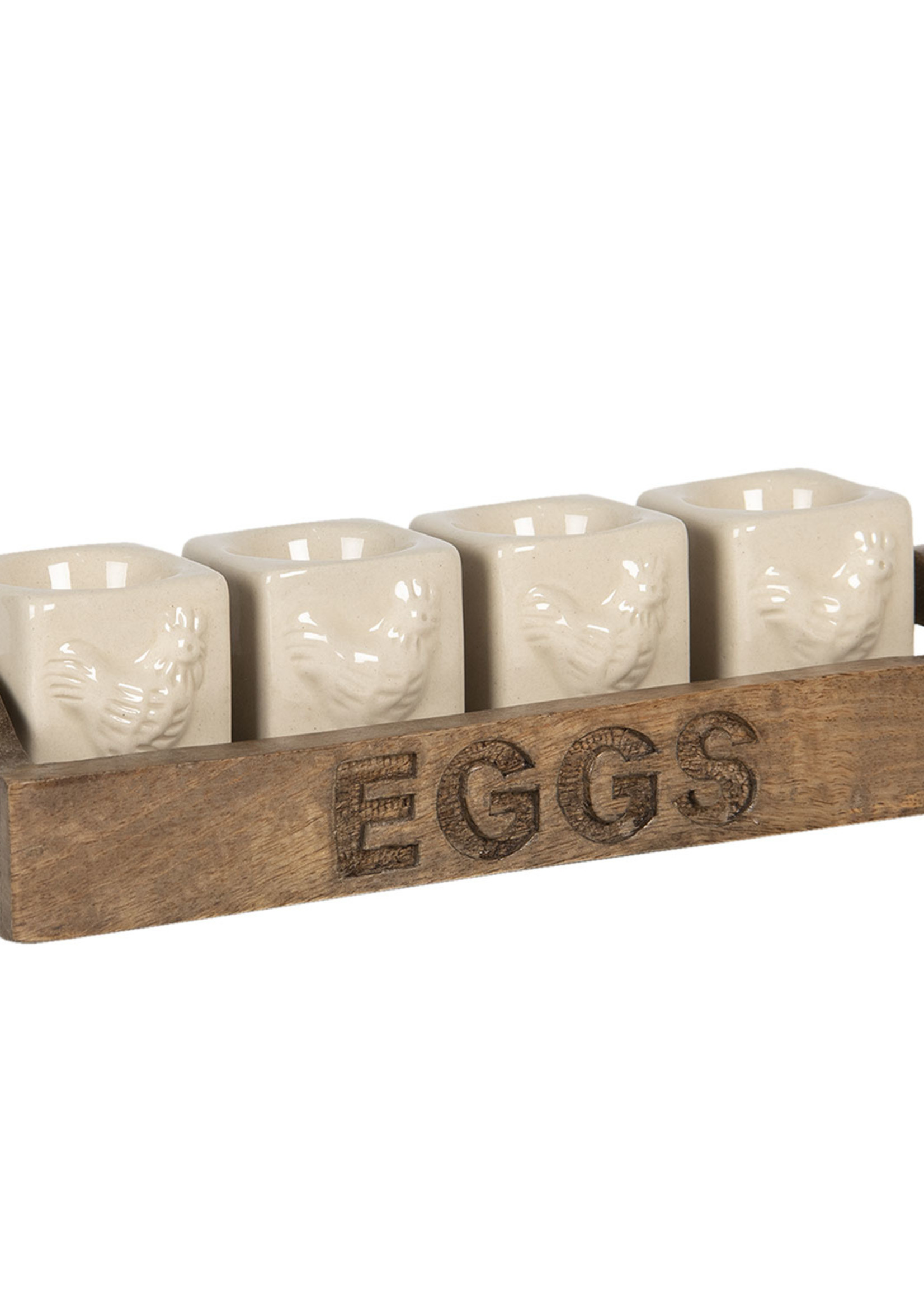Clayre & Eef Eierdopjes (4) op houten schaal 26*9*7 cm 64542