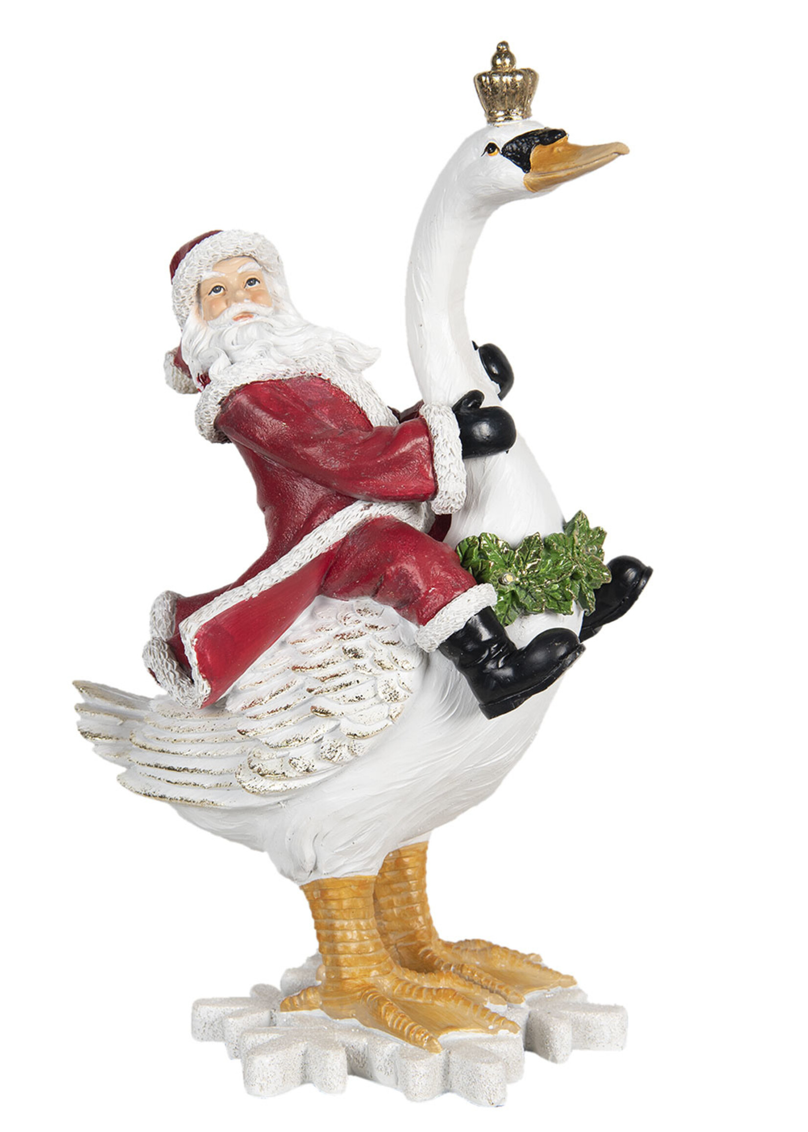 Clayre & Eef Decoratie kerstman op zwaan 25*16*39 cm 6PR2982