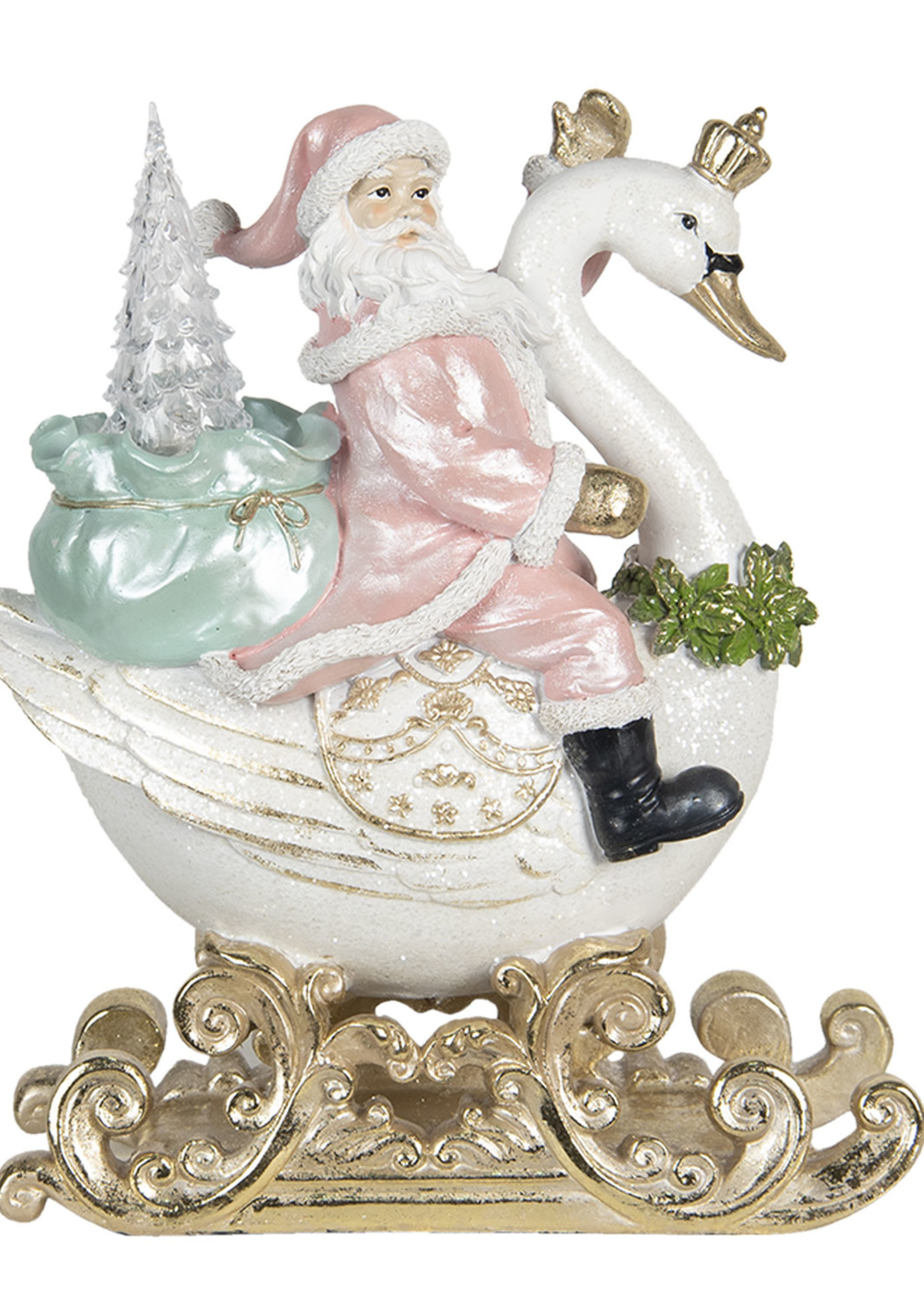 Clayre & Eef Decoratie kerstman op zwaan LED 26*15*32 cm 6PR2984