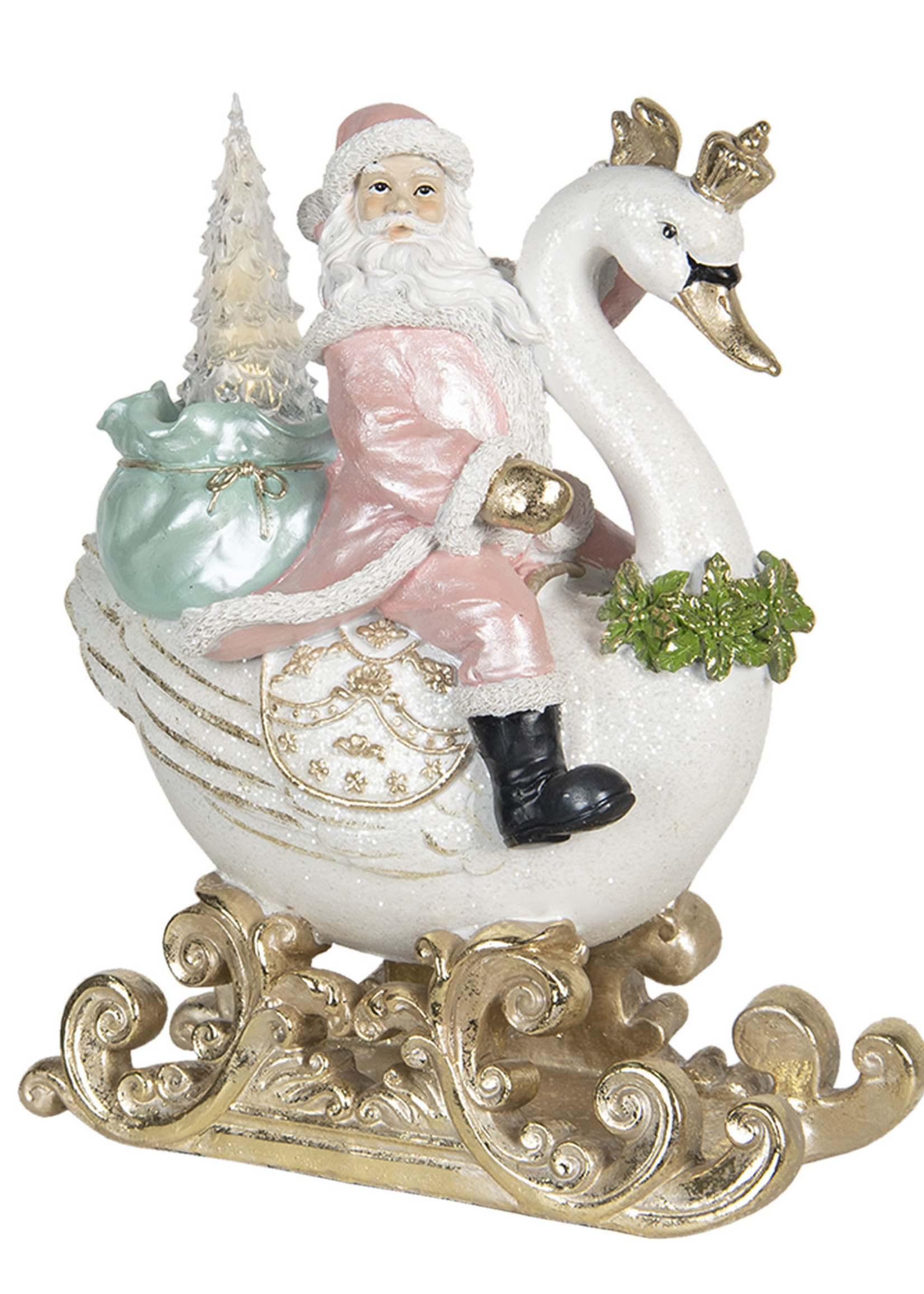 Clayre & Eef Décoration Père Noël sur cygne LED 26*15*32 cm 6PR2984