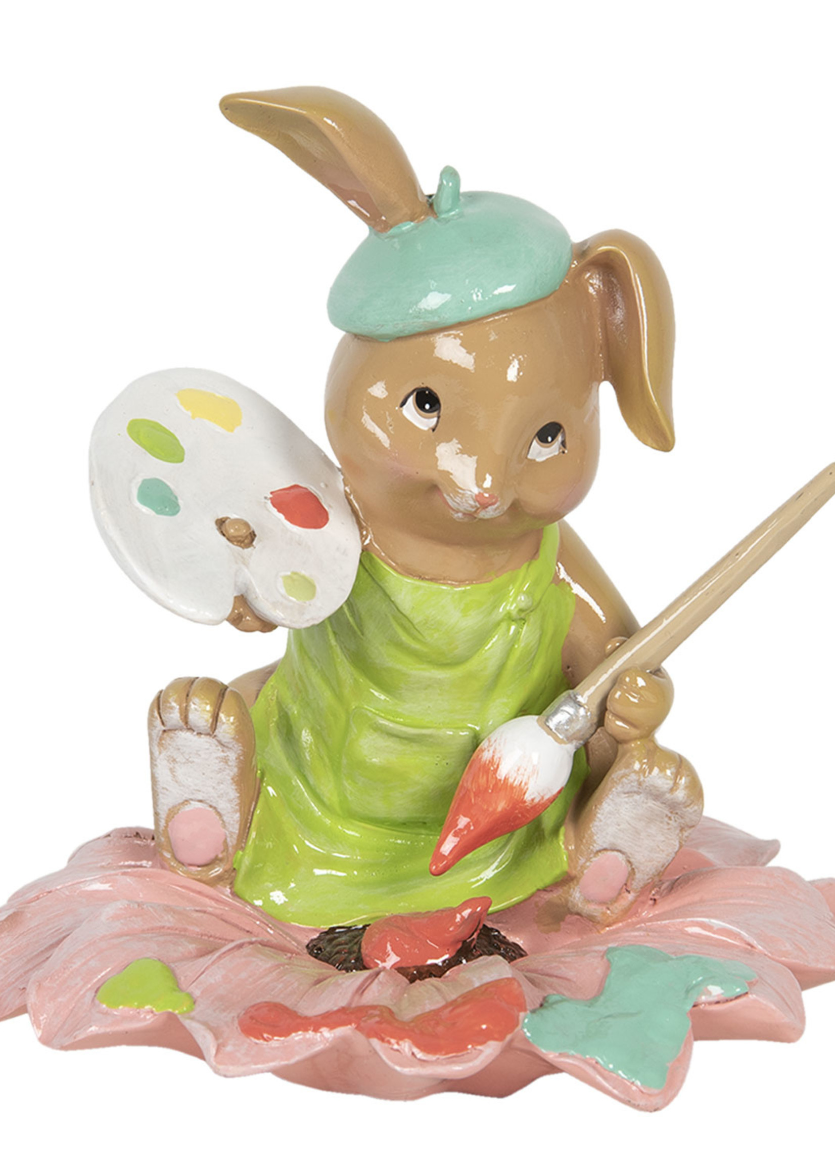 Clayre & Eef Décoration lapin assis sur une fleur 15*15*15 cm 6PR3134