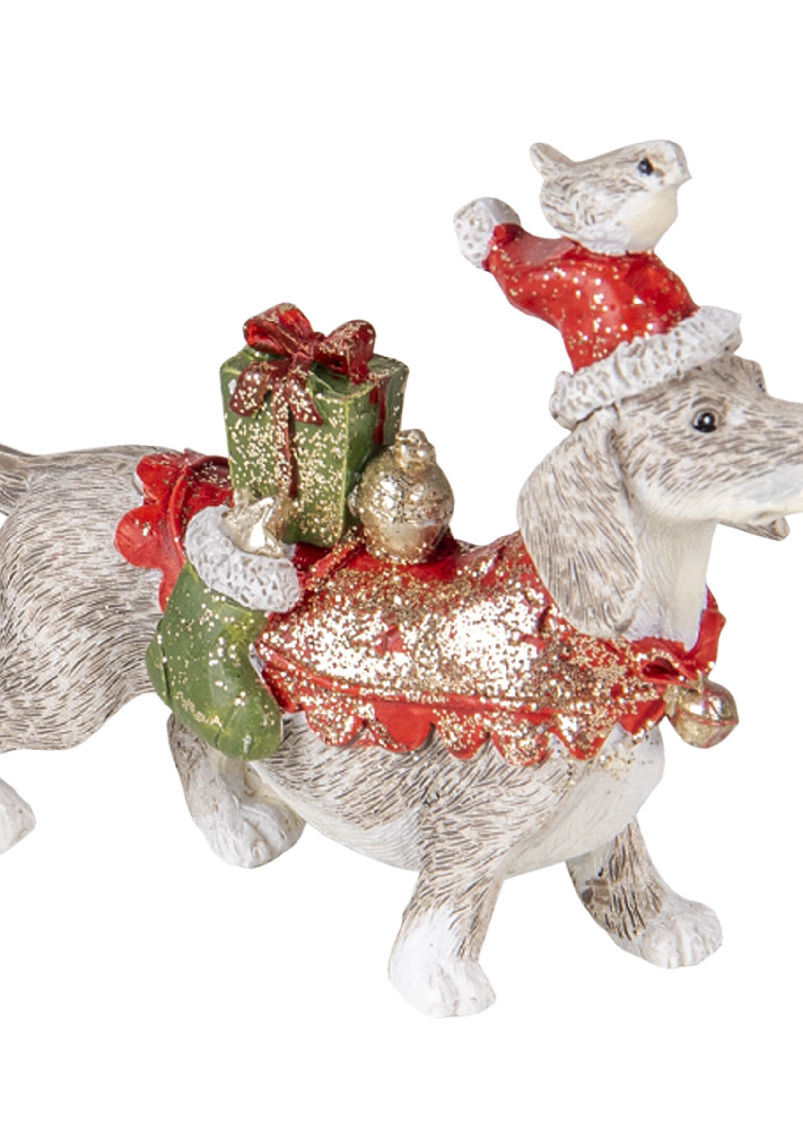 Clayre & Eef Decoratie hond met kerstmuts 10*3*8 cm 6PR4604