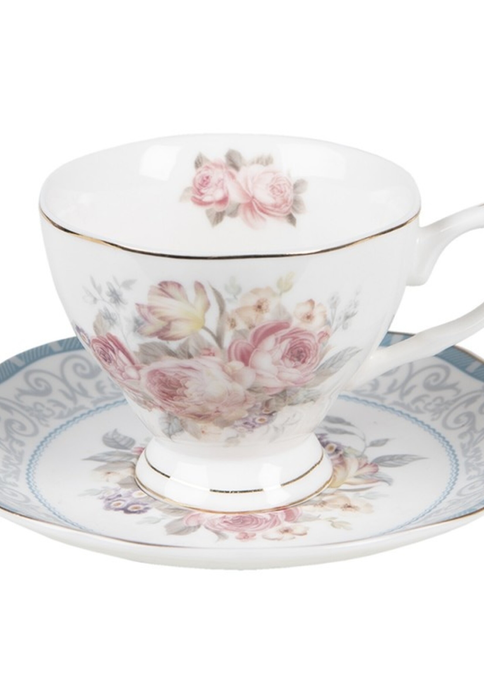 Clayre & Eef Kop en schotel Ø 10*8 / Ø 15*2 cm / 220 ml PECKS-1