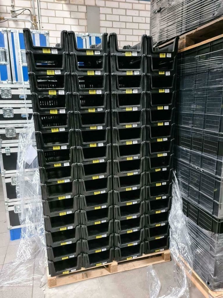 Emtrade Magazijnbak 400x300x160mm met grijpopening, stapelbaar, donkerblauw, gebruikt