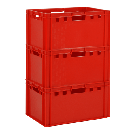 60x40x30 stapelbare E3 vleeskrat, open handgrepen, rood, HDPE, gebruikt 60x40x30 stapelbare E3 vleeskrat, open handgrepen, rood, HDPE, gebruikt
