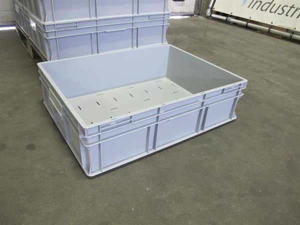 Emtrade Stapelbak, 800x600x220 mm, euronorm geperforeerde bodem, grijs pp, gebruikt