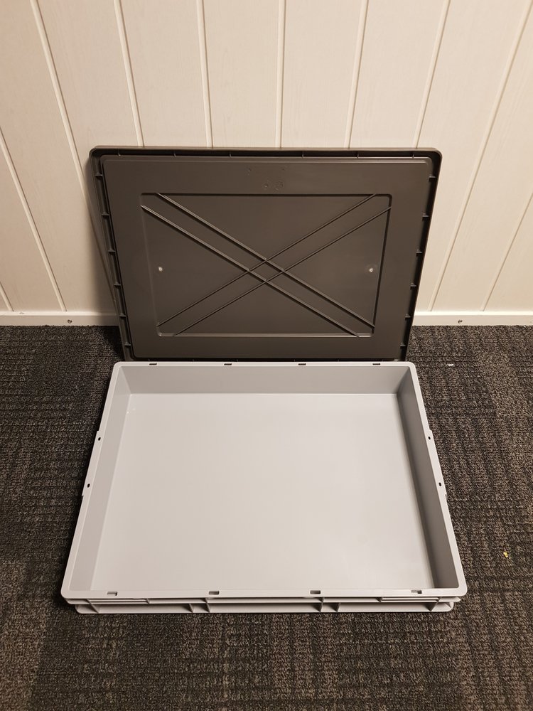 Emtrade Stapelbak met deksel, 800x600x120 mm, euronorm, grijs kunststof, gebruikt