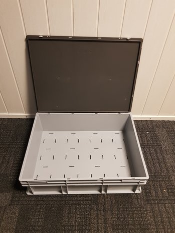 Emtrade 80x60x23 Kunststof bak met deksel, grijs, PP, vlakke geperforeerde bodem, licht gebruikt Emtrade 80x60x23 Kunststof bak met deksel, grijs, PP, vlakke geperforeerde bodem, licht gebruikt